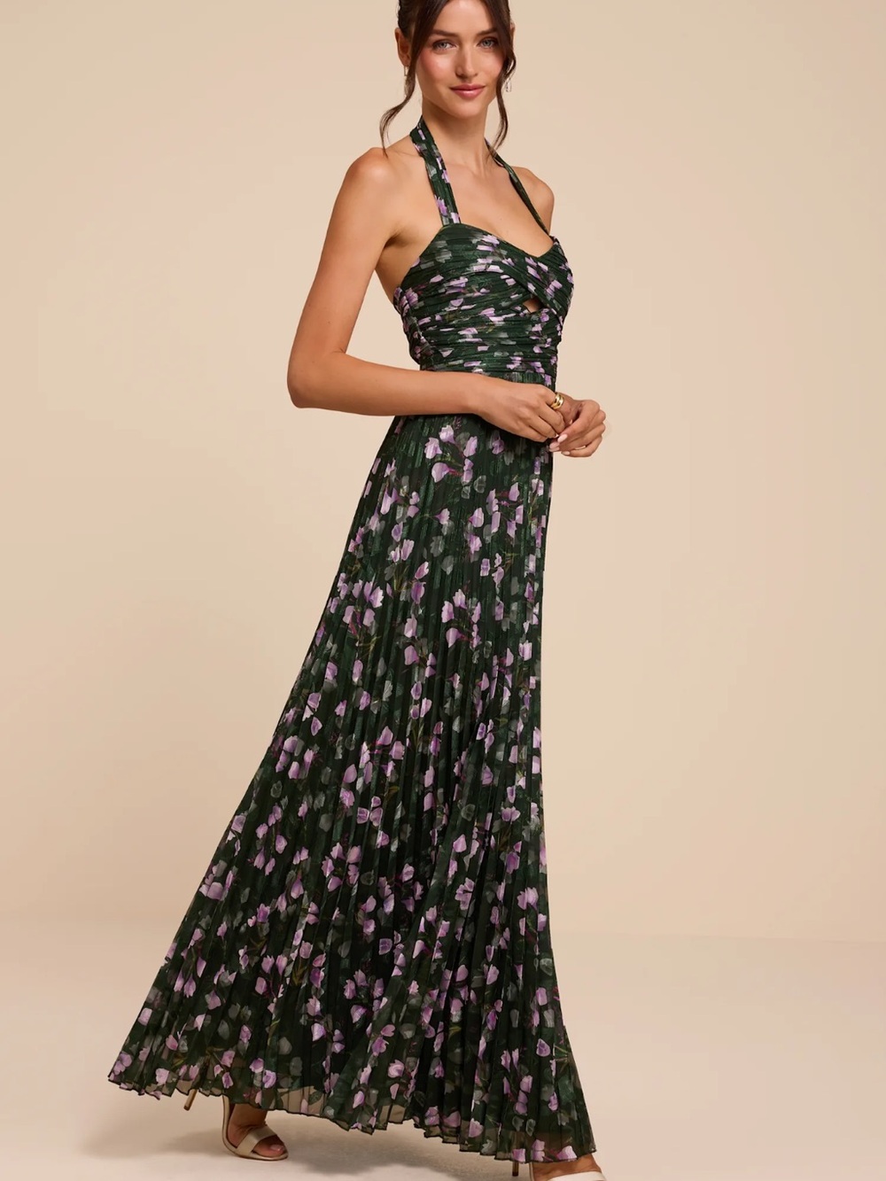 Lulu's Dark Green Halter Midi Dress with Lavender Floral Print